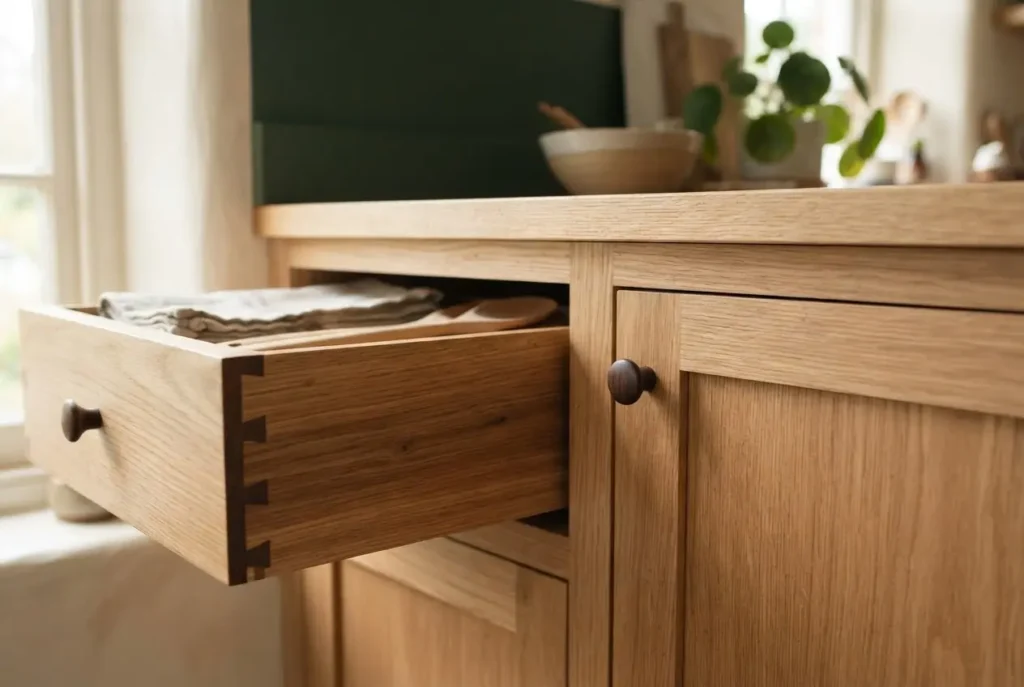 Cabinet refacing detail with a white oak shaker door and dovetailed drawer box
