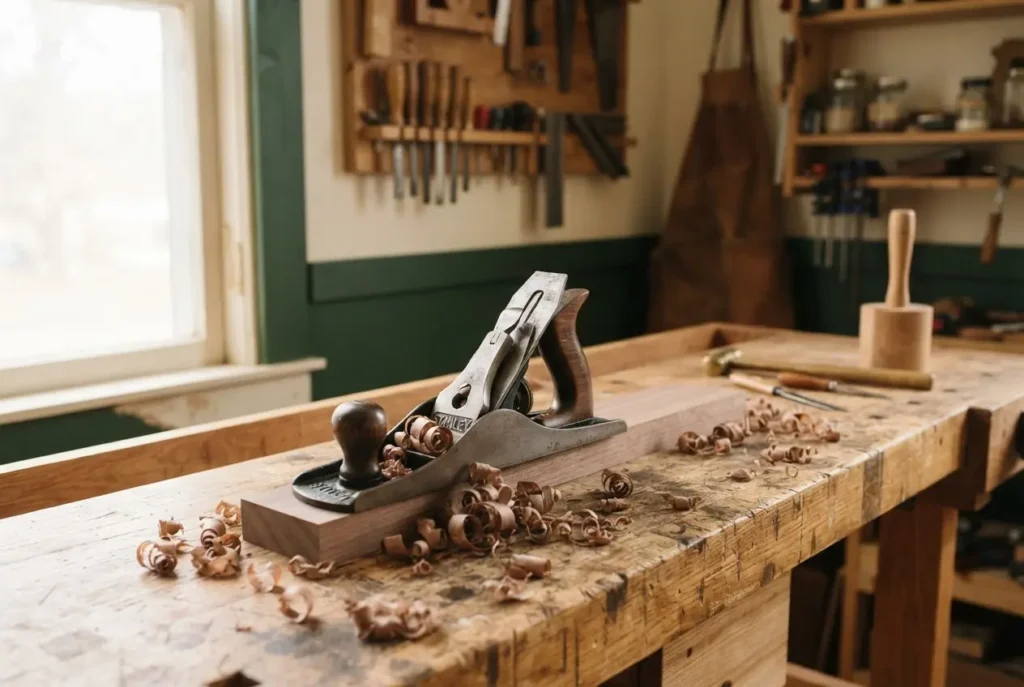 Hand plane and wood shavings on a cabinet shop workbench