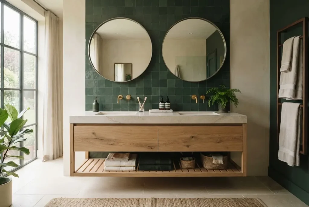 Custom floating white oak bathroom vanity with a stone countertop