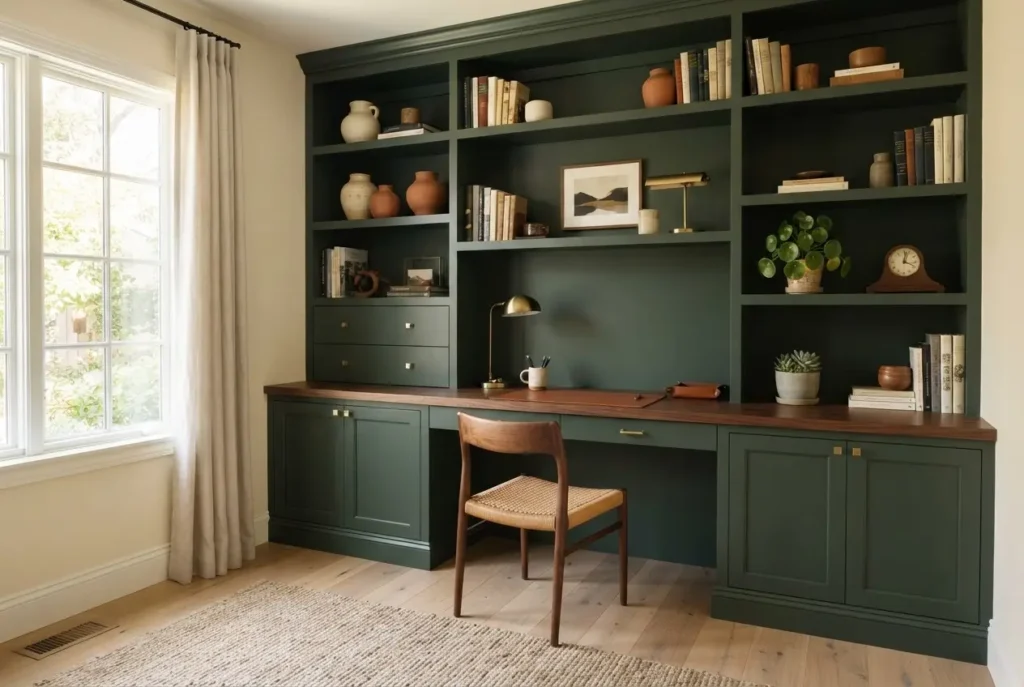 Custom built-in home office cabinets painted deep forest green