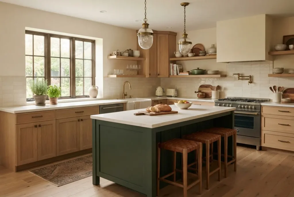 Custom kitchen cabinets in Frisco TX with a forest green island and white oak perimeter cabinets
