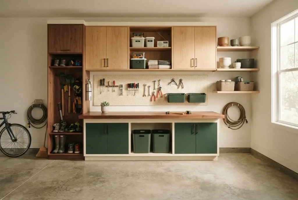 Garage storage cabinets with a butcher block workbench