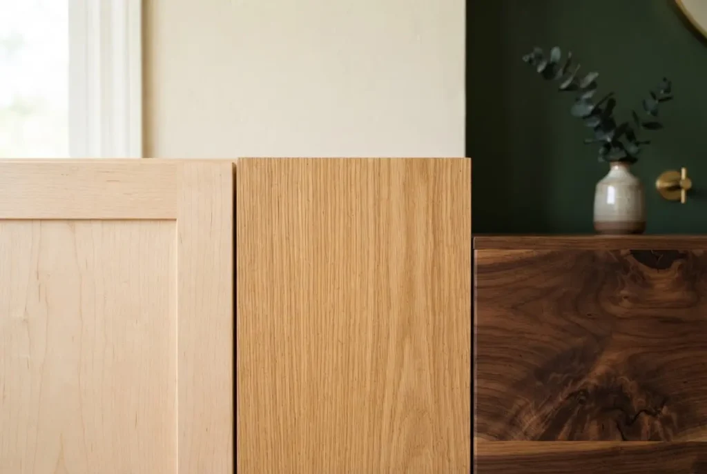 Maple, rift-cut white oak, and walnut cabinet wood grain samples